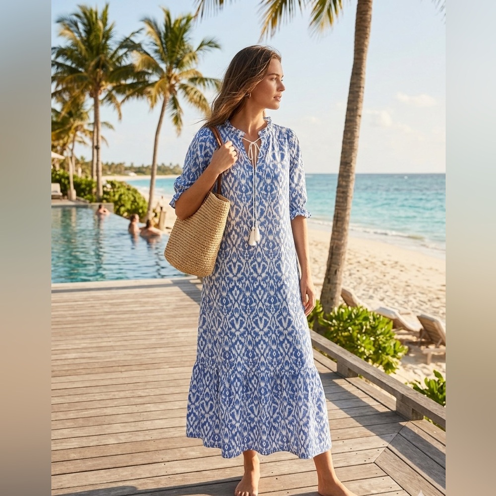 Blue Ikat Maxi Dress with Tassel Tie
